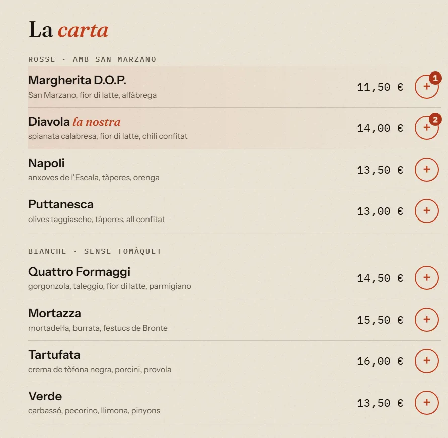 La carta del programa, amb els preus i un botó per afegir cada pizza