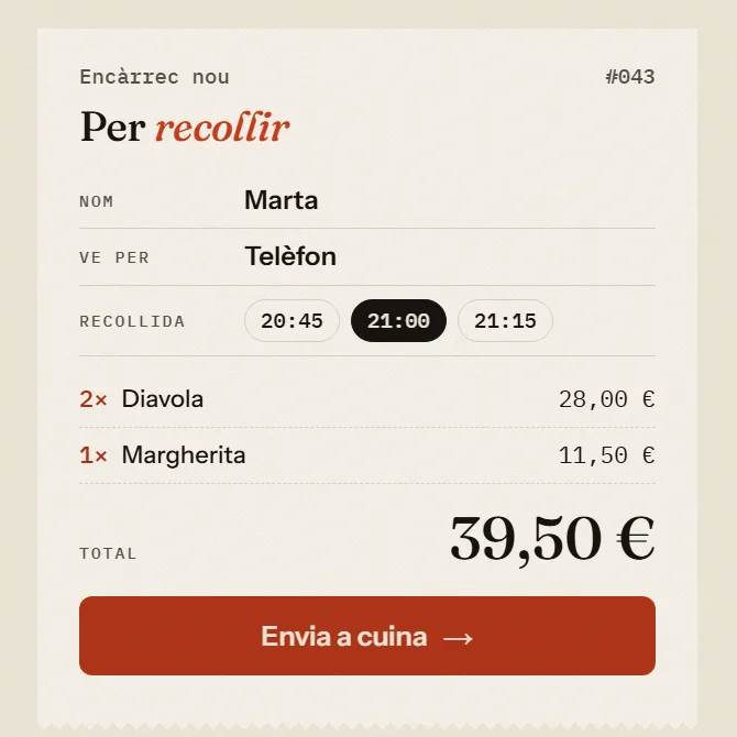 L'encàrrec de la Marta: per recollir a les 21:00, dues Diavola i una Margherita, 39,50 €
