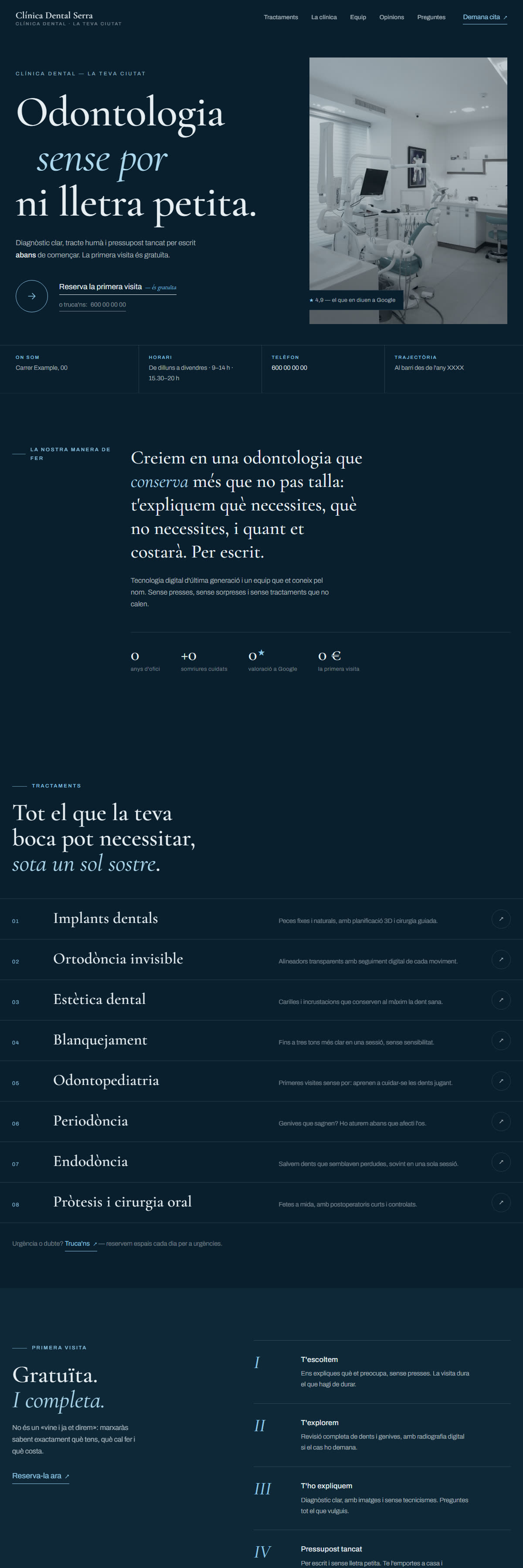 Web de clínica dental amb estil editorial de nit