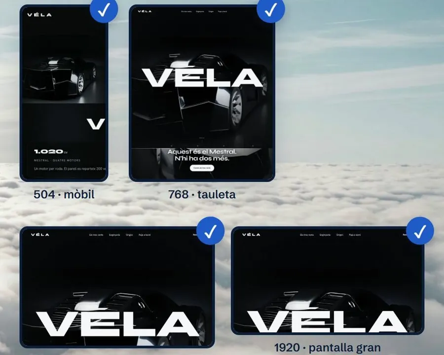 La demo de VÉLA a quatre amplades de pantalla: mòbil, tauleta, portàtil i pantalla gran