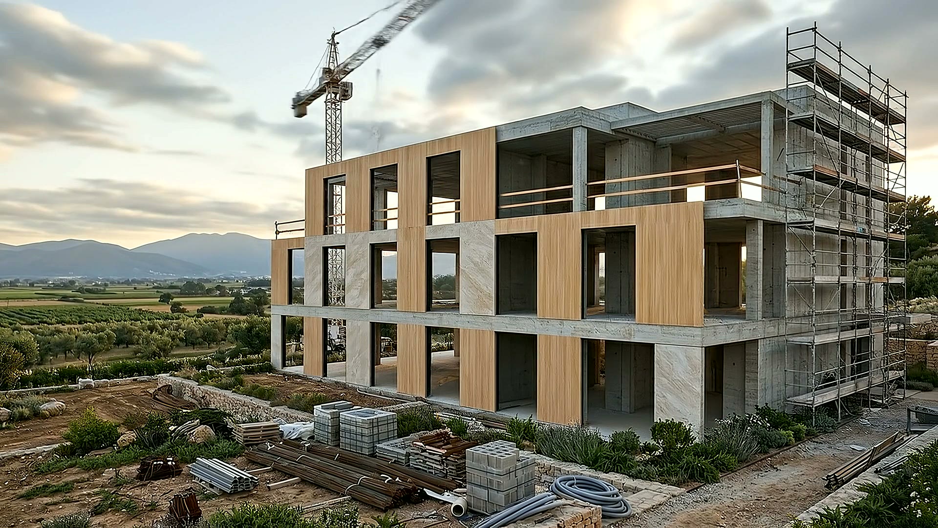 L'esquelet de formigó de l'edifici Solell amb la grua, a primera hora.